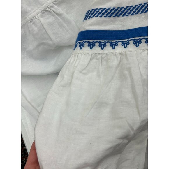 J Crew Tunic Blouse Women's Size 2 White Blue Embroidered Tassel Linen Blend - Picture 13 of 15